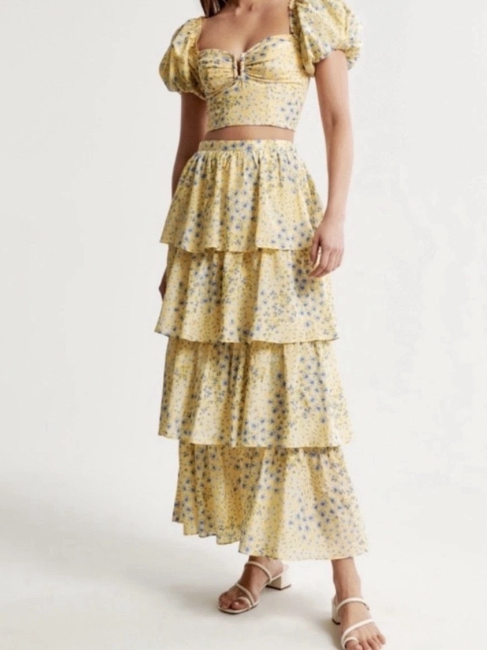 Abercrombie & Fitch Floral Tiered Maxi Skirt Yellow Blue Cotton Blend M